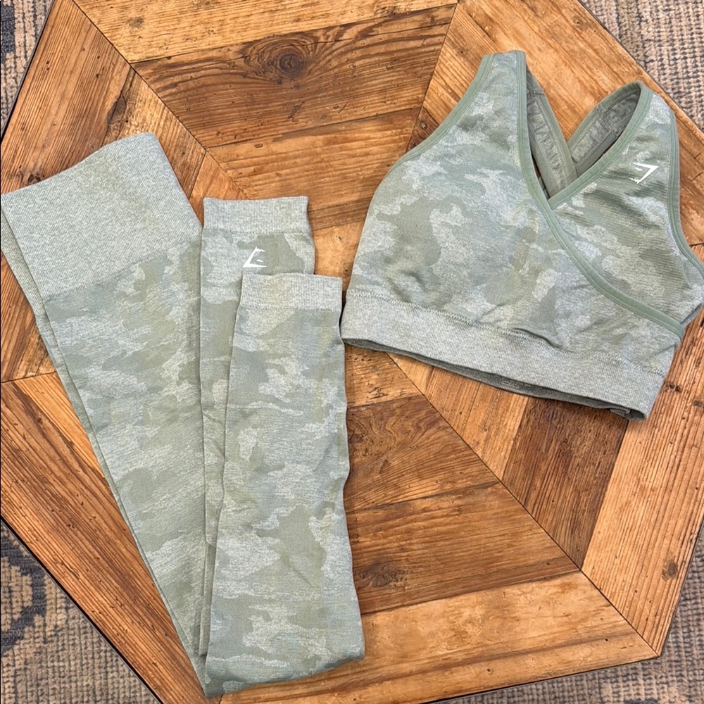 Gymshark Green Camo Leggings and Sports Bra Set